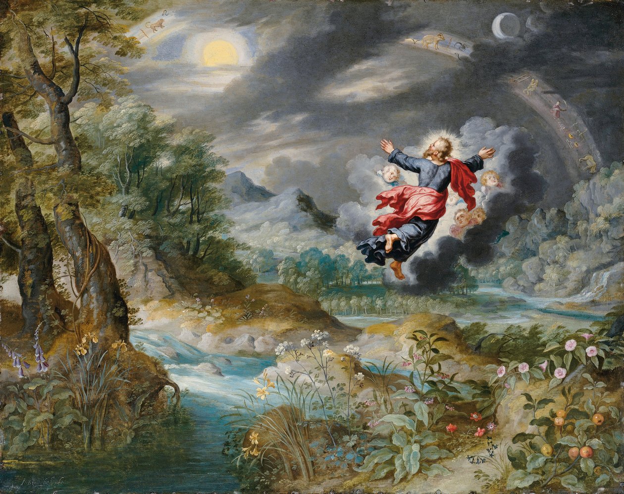 Bůh stvořil slunce, měsíc a hvězdy v obloze, kolem roku 1650 od Jan Brueghel the Younger