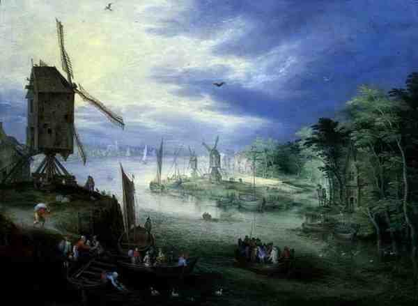 Říční krajina s větrnými mlýny (olej na panelu) od Jan the Younger Brueghel