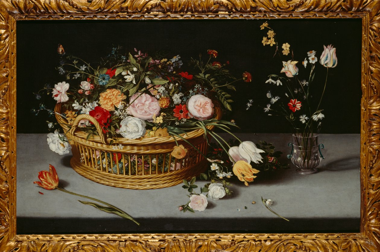 Asetelma kori ja kukkamaljakko (öljy kankaalle) od Jan the Younger Brueghel