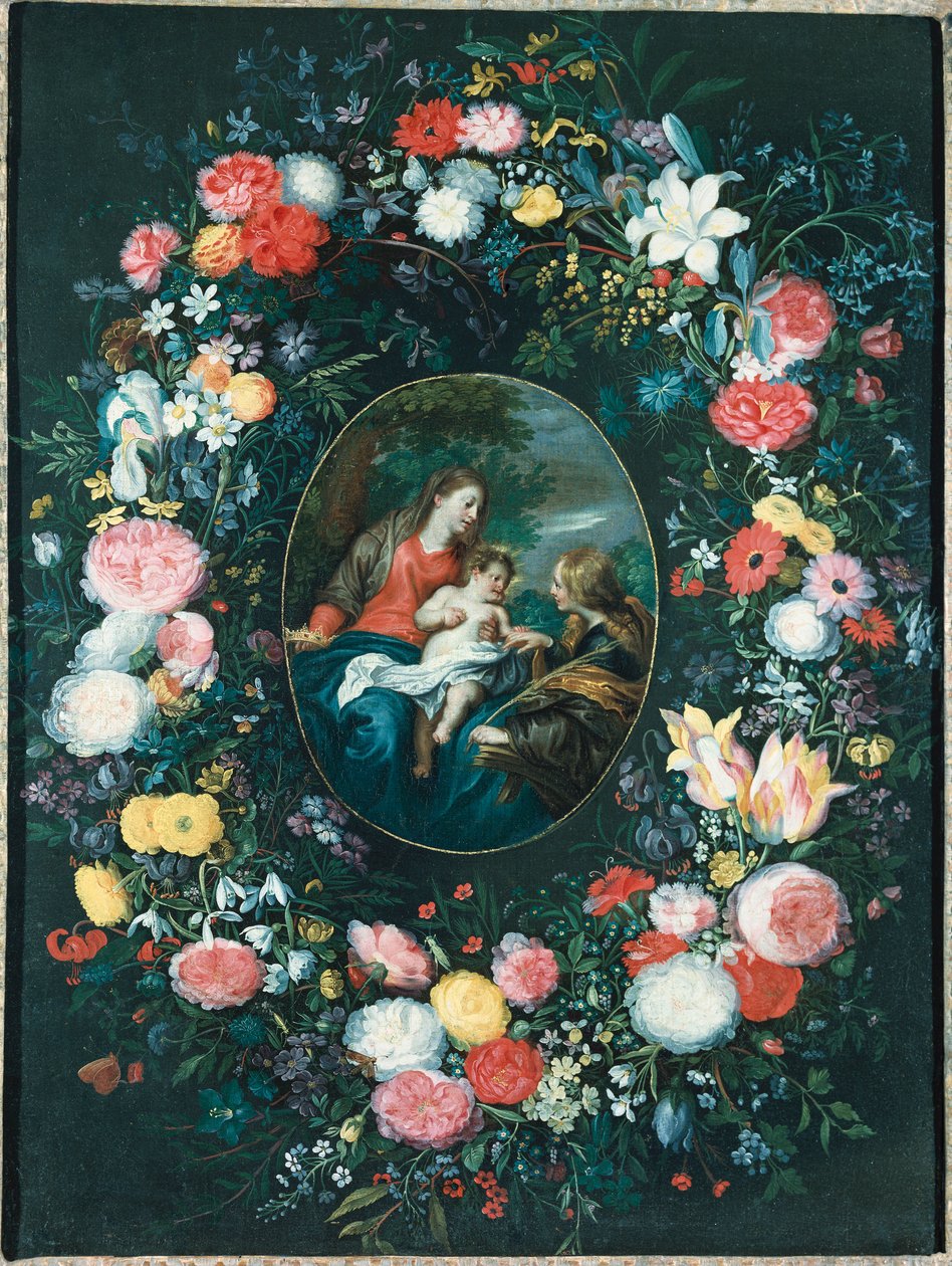 Mystická svatba svaté Kateřiny v krajině, obklopená květinovou girlandou od Jan Brueghel the Younger