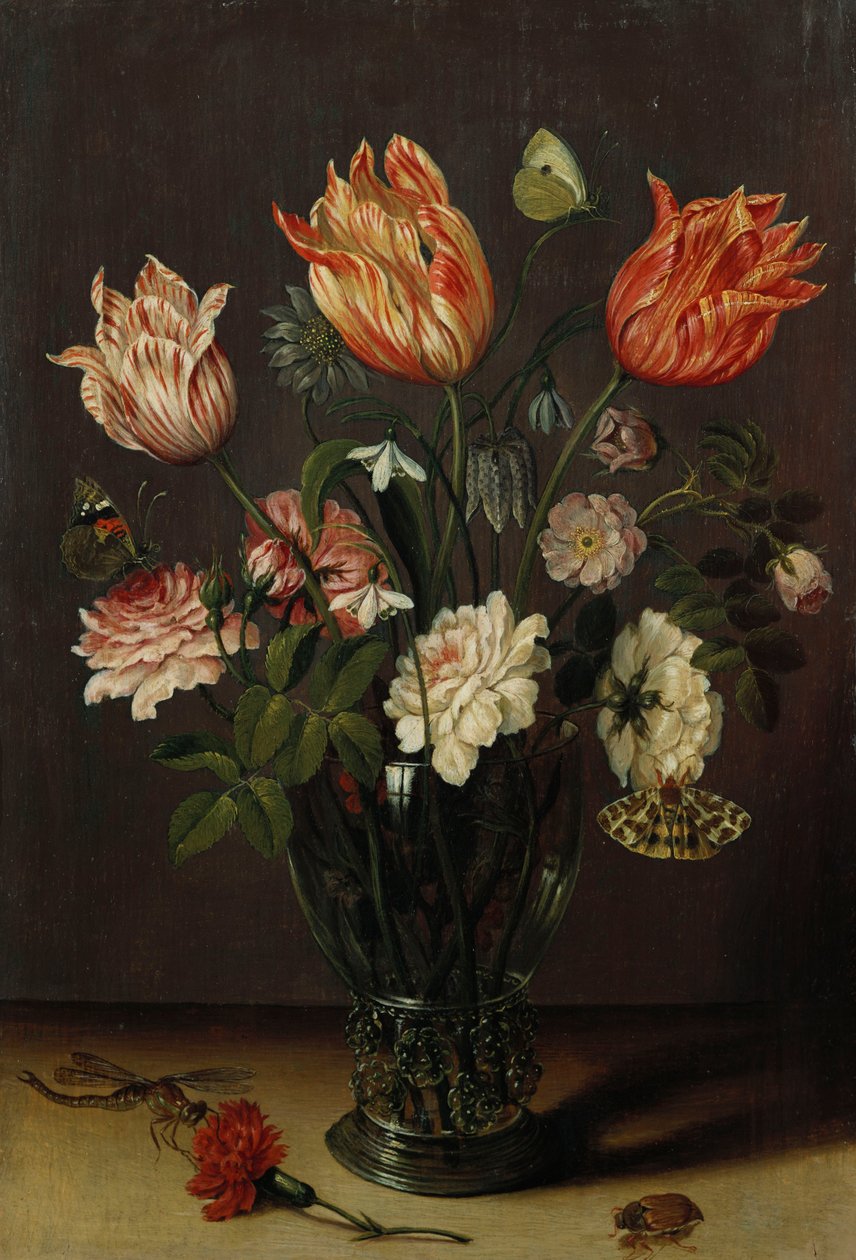 Tulipány s jinými květinami ve sklenici na stole od Jan Brueghel the Younger