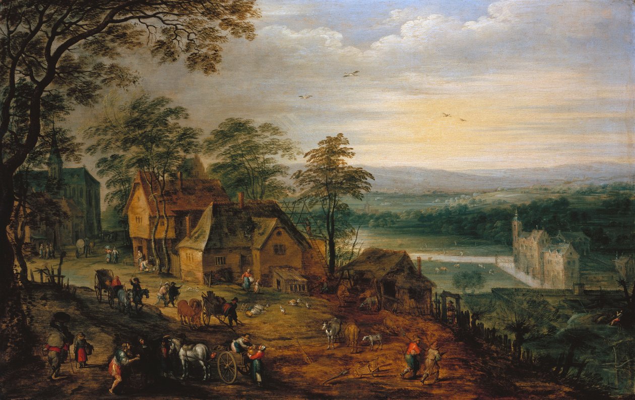 Vesnická ulice s figurkami a vozíky, v pozadí hrad s vodním příkopem od Jan Brueghel the Younger