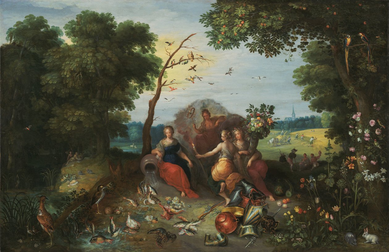 Krajina s alegoriemi čtyř živlů od Jan the Younger & Francken or Franck Ambrosius II (c.1590-1632) Brueghel