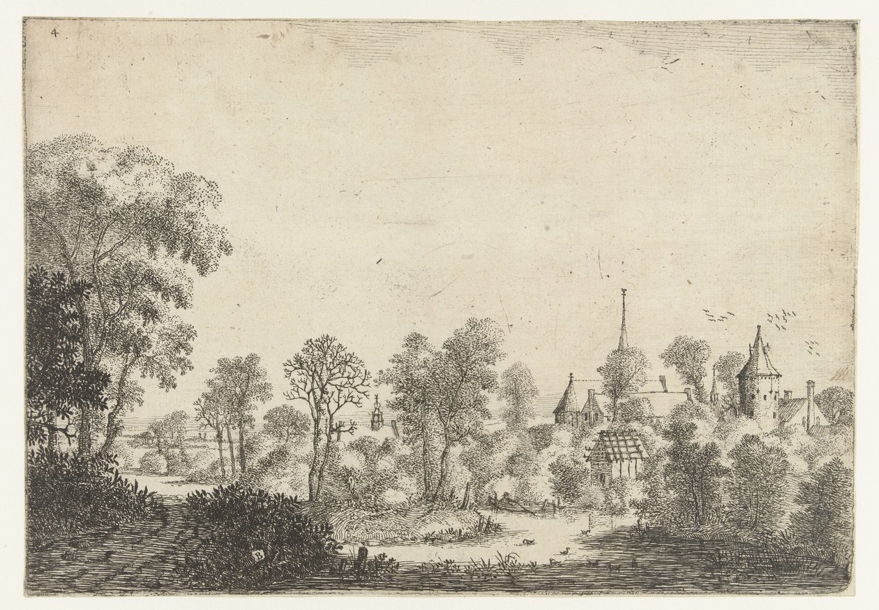 Krajina s výhledem na vesnici a muže v lodi Krajiny (název série) od Jan van Brosterhuyzen