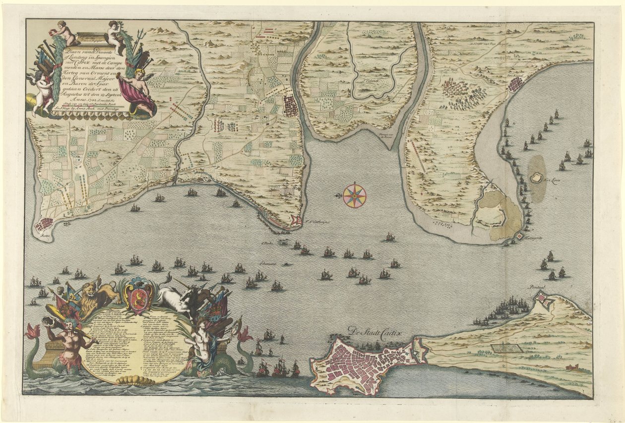 Mapa spojeneckého vylodění a expedice v Cádizu, 1702 Plán Dissante of Landing in Spangien for Cadix with Campements and Marse vypracovaný vévodou z Ormontu a generálmajorem a baronem de Spar Ceedertem 26. srpna do od Jan van Call (I)