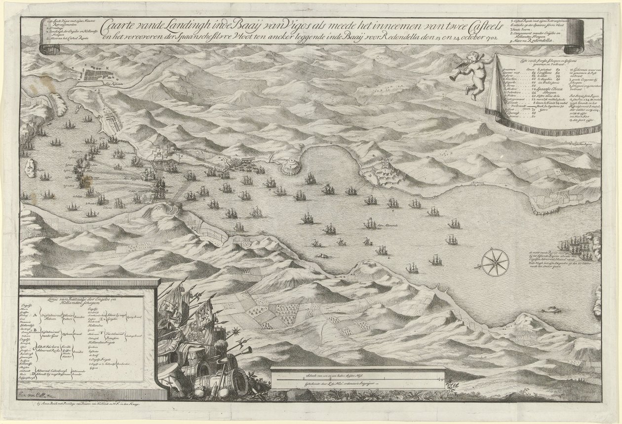 Bitva o záliv u Viga a dobytí španělské stříbrné flotily, 1702 Caarte vande Landingh v zálivu Vigos jako součást zajetí dvou Casteelů a zajetí španělské stříbrné flotily kotvící v Baay pro Redondella den od Jan van Call (I)