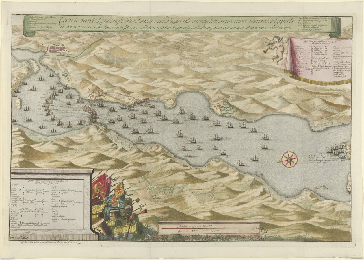 Bitva o záliv u Viga a dobytí španělské stříbrné flotily, 1702 Caarte vande Landingh v zálivu Vigos jako součást zajetí dvou Casteelů a zajetí španělské stříbrné flotily kotvící v Baay pro Redondella den od Jan van Call (I)