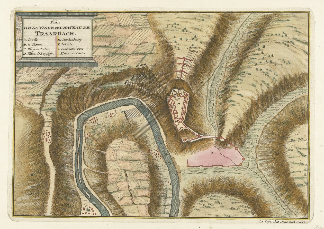 Mapa obce a hradu Trarbach, 1704 Plan de la Ville et: Chateau: de Traarbach (název na objektu) od Jan van Call (II) (attributed to)