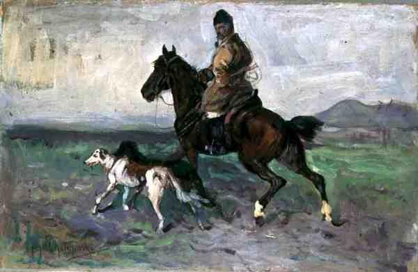 Rider with Greyhounds, cca 1890 (olej na palubě) od Jan van Chelminski