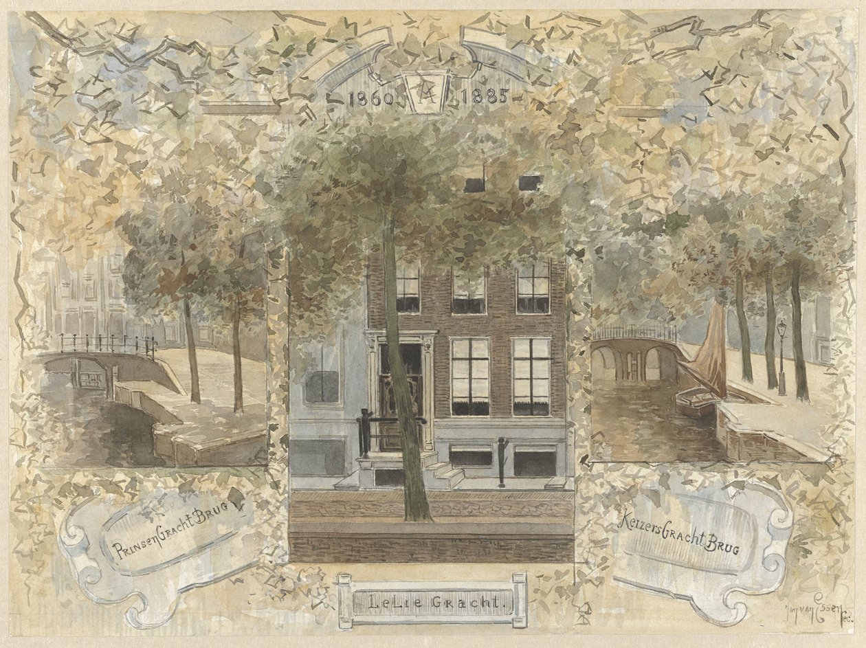 Dům na Leliegracht, lemovaný mosty přes Prinsengracht a Keizersgracht od Jan van Essen