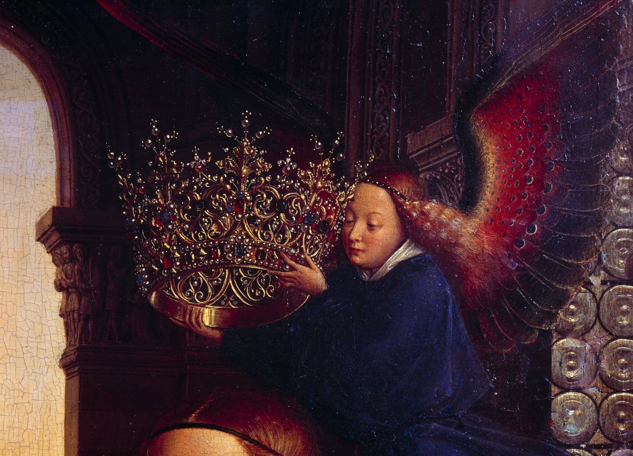Anděl korunující Pannu. Detail „“Panny kancléře Rolina“““ Nicolas Rolin (1376-1461) byl kancléřem Burgundska za Philippa Le Bona a zakladatelem Hospices de Beaune v roce 1443. Obraz od Jana van Eycka (1390-1441) od Jan van Eyck