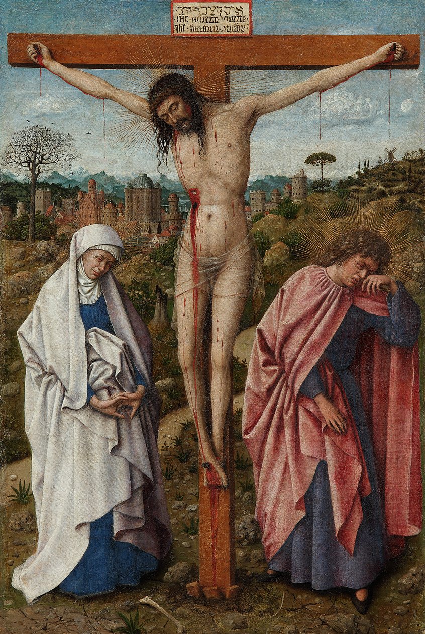 Německy: Die Kreuzigung Christi Kristus na kříži s Pannou Marií a svatým Janem od Jan van Eyck