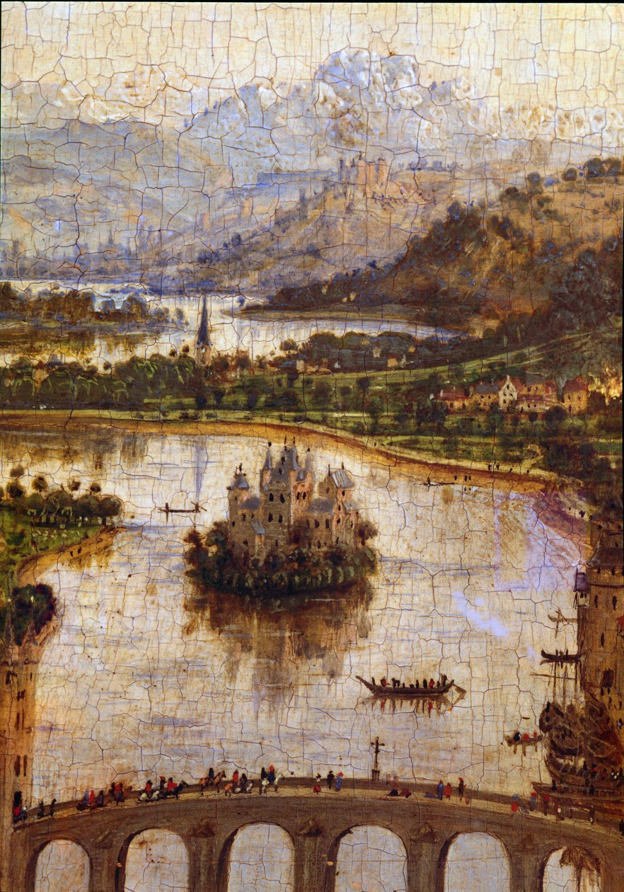 Krajina”” Detail “”Panny kancléře Rolina””” Nicolas Rolin (1376-1461) byl kancléřem Burgundska za Philippa Le Bona a zakladatelem Hospices de Beaune v roce 1443. Obraz Jana van Eycka (1390-1441) od Jan van Eyck