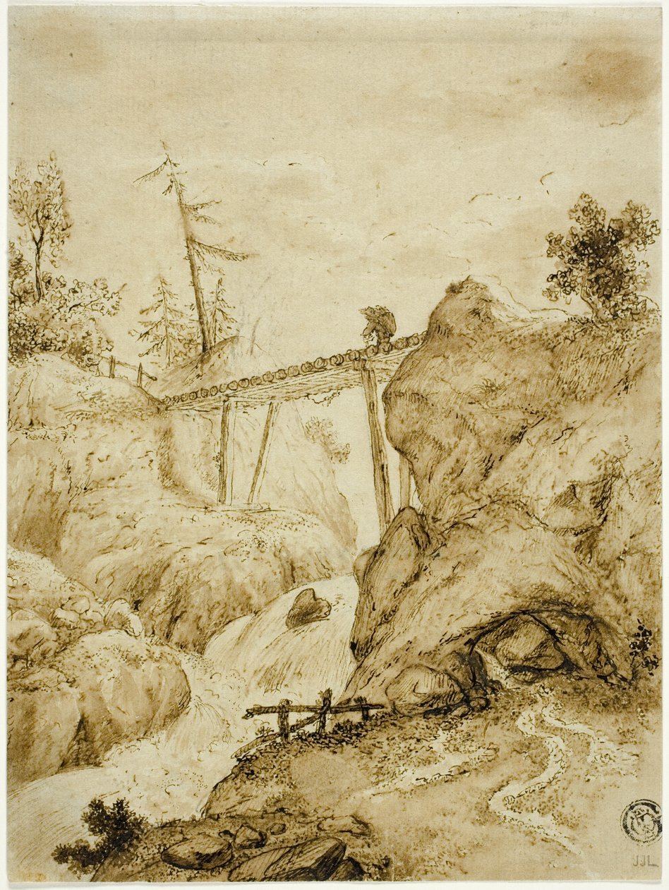 Muž přes Log Bridge přes Torrent od Jan van Eyck
