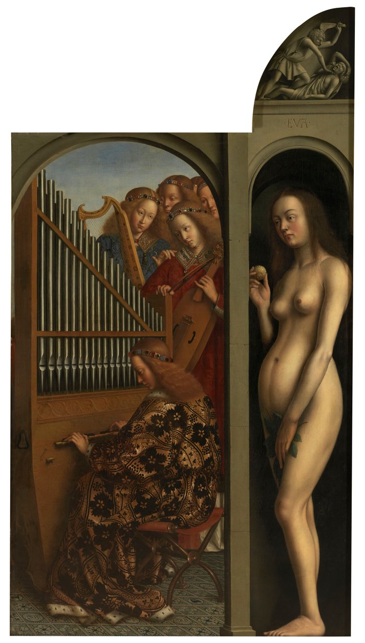 Andělé a Eva, kteří hrají na hudební nástroje od Jan van Eyck