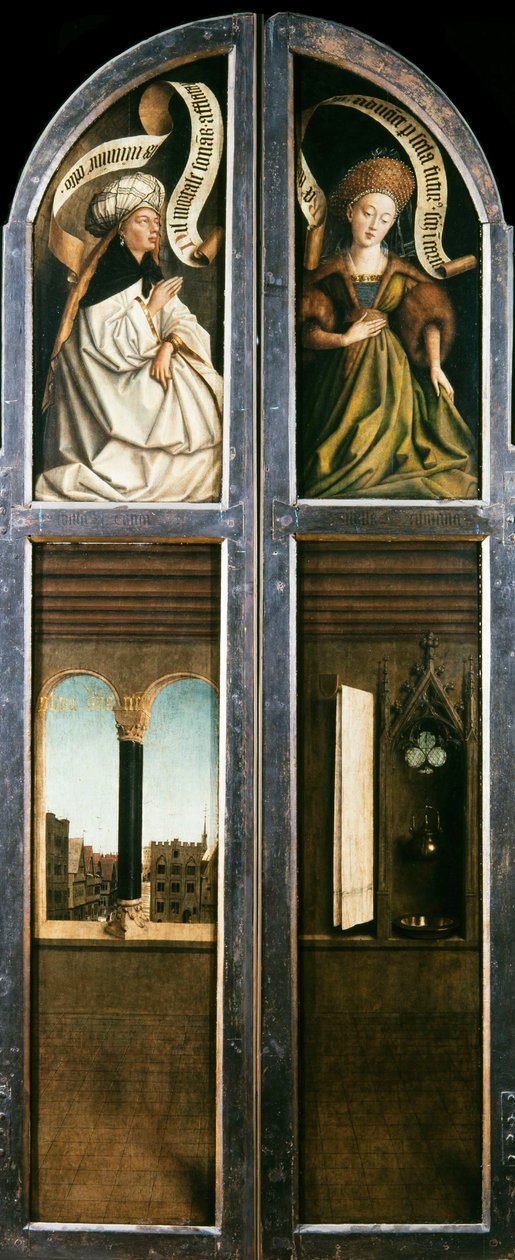 Gentský oltář. Klanění mystického beránka: Obloukové okno s výhledem..., 1432. od Jan van Eyck