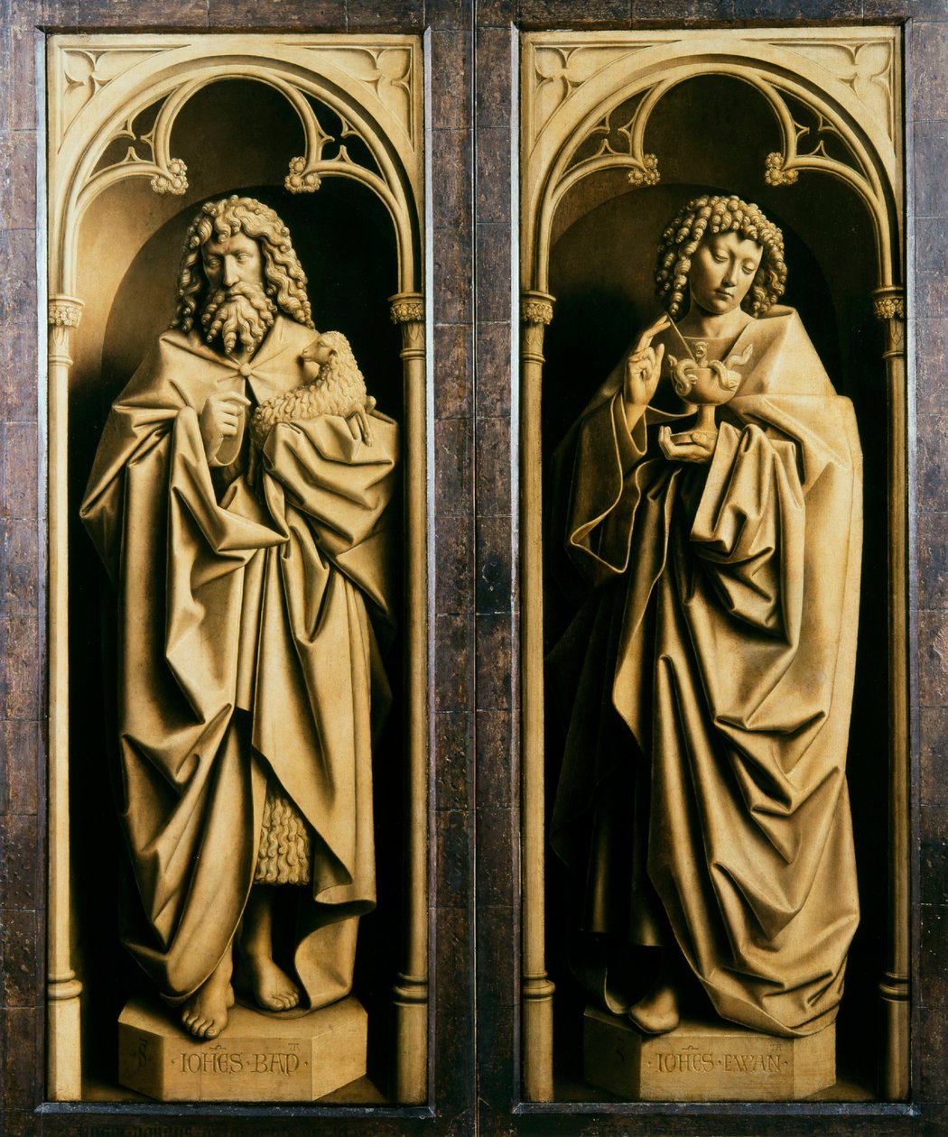 Gentský oltář. Klanění mystického beránka: Jan Křtitel a Jan Evangelista, 1432. od Jan van Eyck