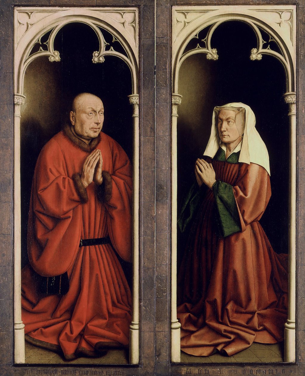 Gentský oltář. Klanění mystického beránka: Joos Vijd a Elisabeth Borluut, 1432. od Jan van Eyck