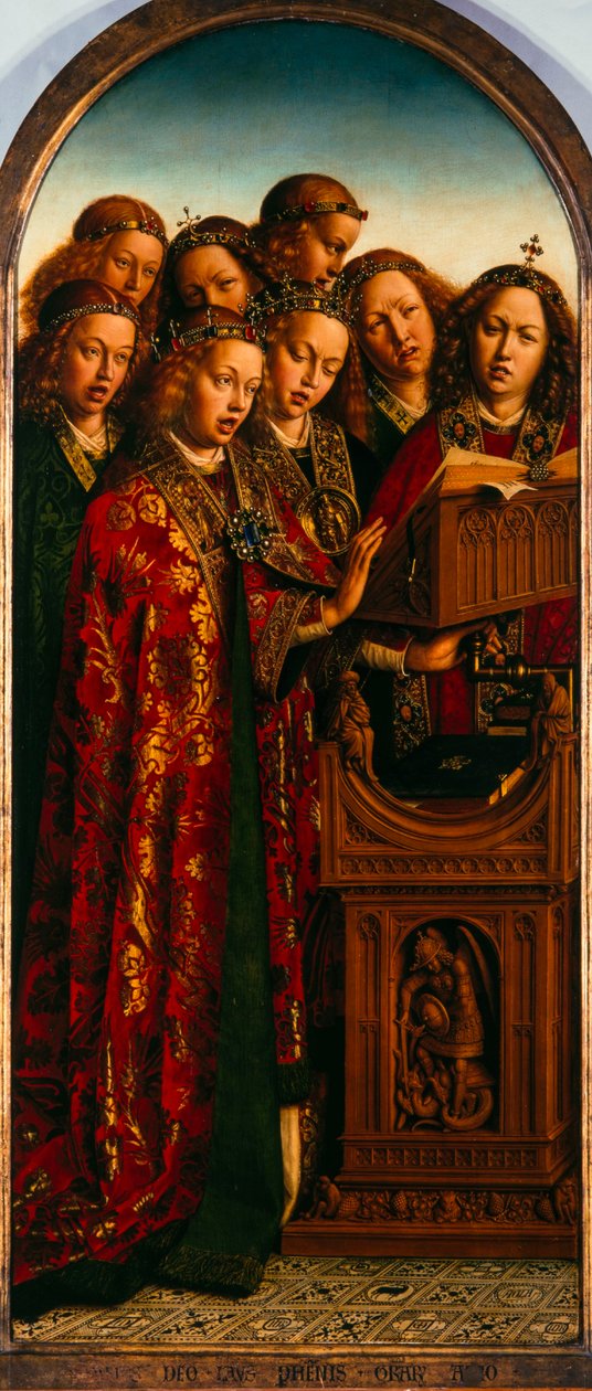 Gentský oltář. Klanění mystického beránka: Zpívající andělé, 1432. od Jan van Eyck
