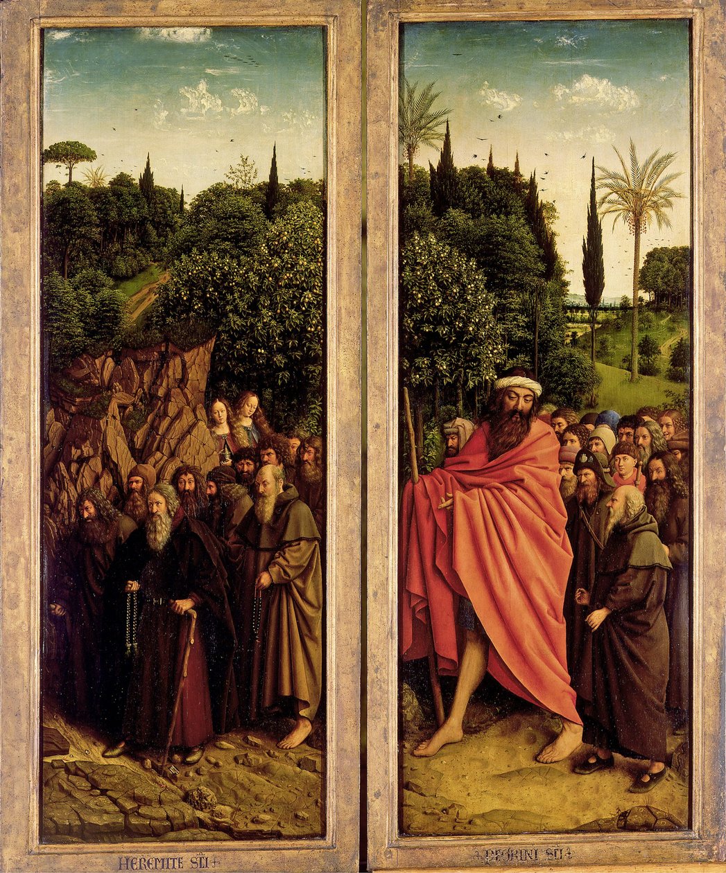 Gentský oltář. Klanění mystického beránka: Svatí poustevníci a svatí poutníci, 1432. od Jan van Eyck