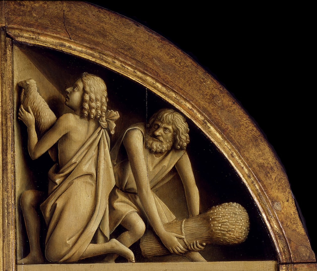 Gentský oltář. Klanění mystického beránka: Oběť Kaina a Ábela, 1432. od Jan van Eyck