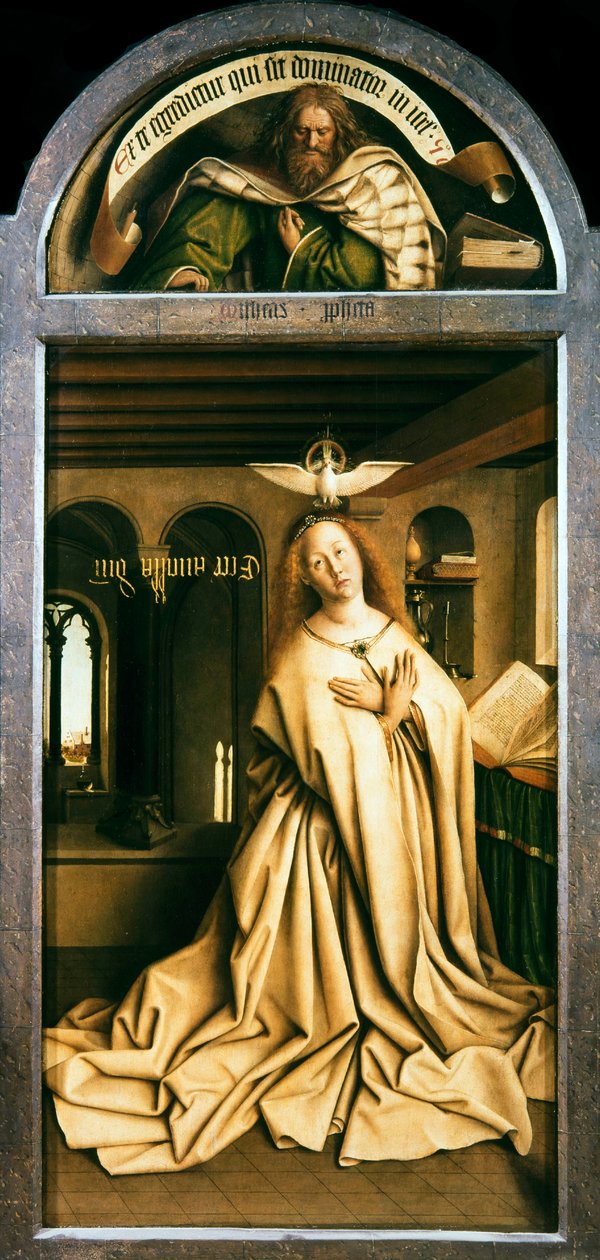 Gentský oltář. Klanění mystického beránka: Panna zvěstovatelka, 1432. od Jan van Eyck