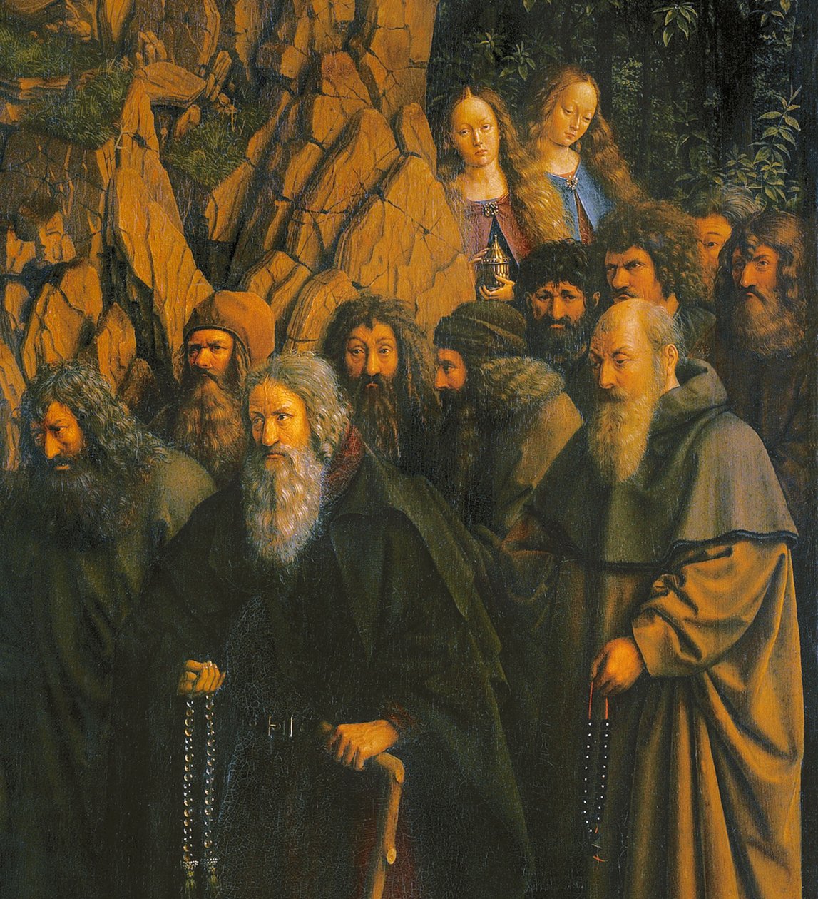 Poustevníci vedeni sv. Kryštofem z pravé strany gentského oltáře od Jan van Eyck