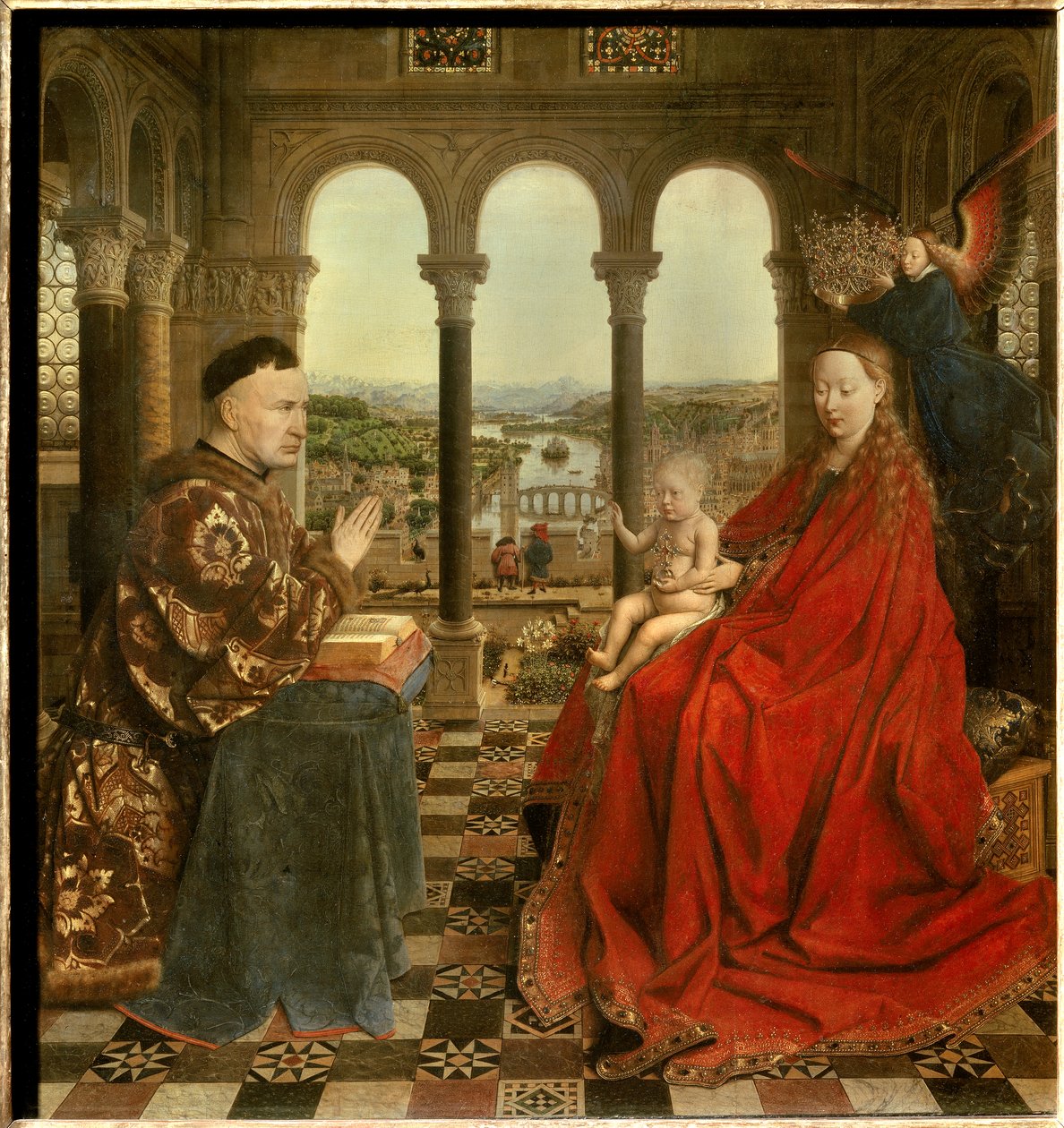Panna kancléře Rolin Nicolas Rolin (1376-1461) byl kancléřem Burgundska za Philippa Le Bona a zakladatelem Hospices de Beaune v roce 1443. Obraz od Jana van Eycka (1390-1441). Slunce 15. století. 0,66x0,62 m Paříž, - Panna kancléře R od Jan van Eyck