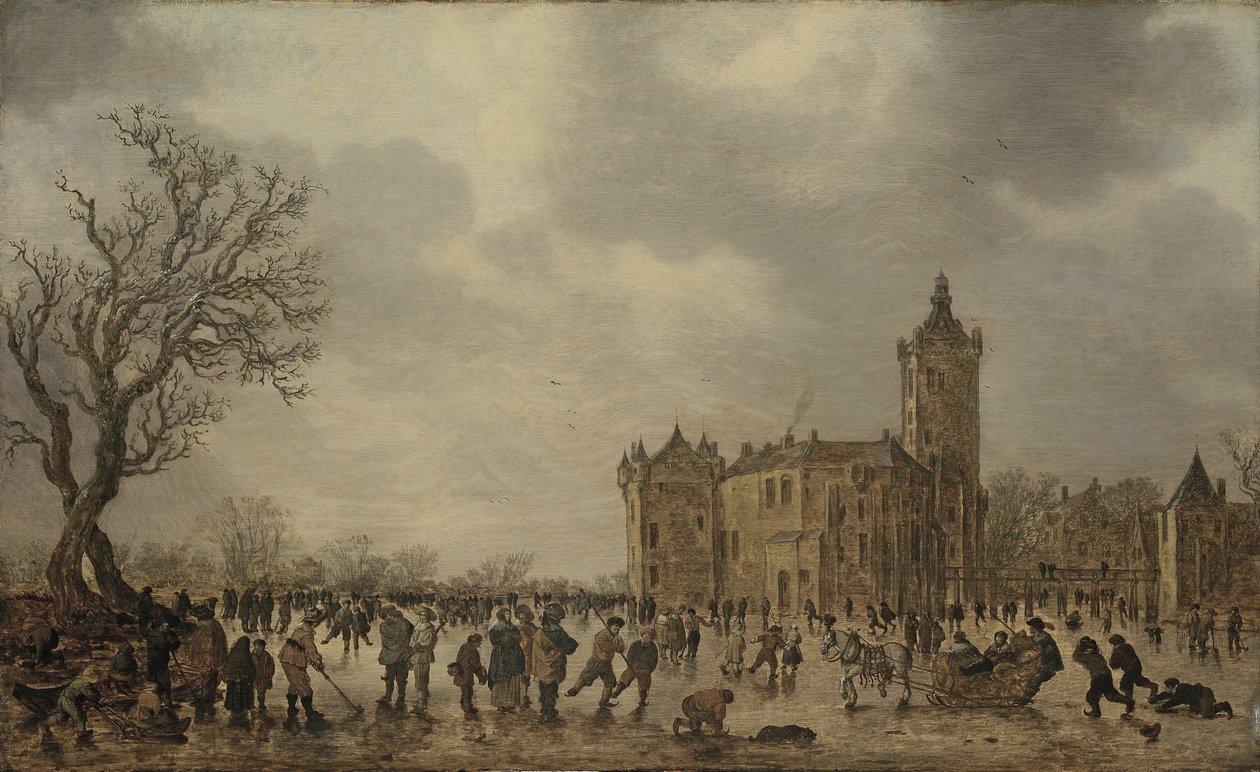 Zimní krajina s postavami na ledě u hradu Montfoort od Jan van Goyen