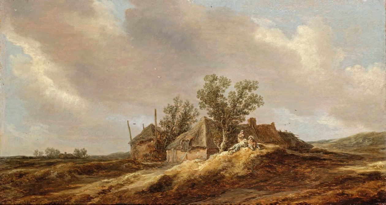 Rozsáhlá dunová krajina s odpočívajícími rolníky před statkem od Jan van Goyen