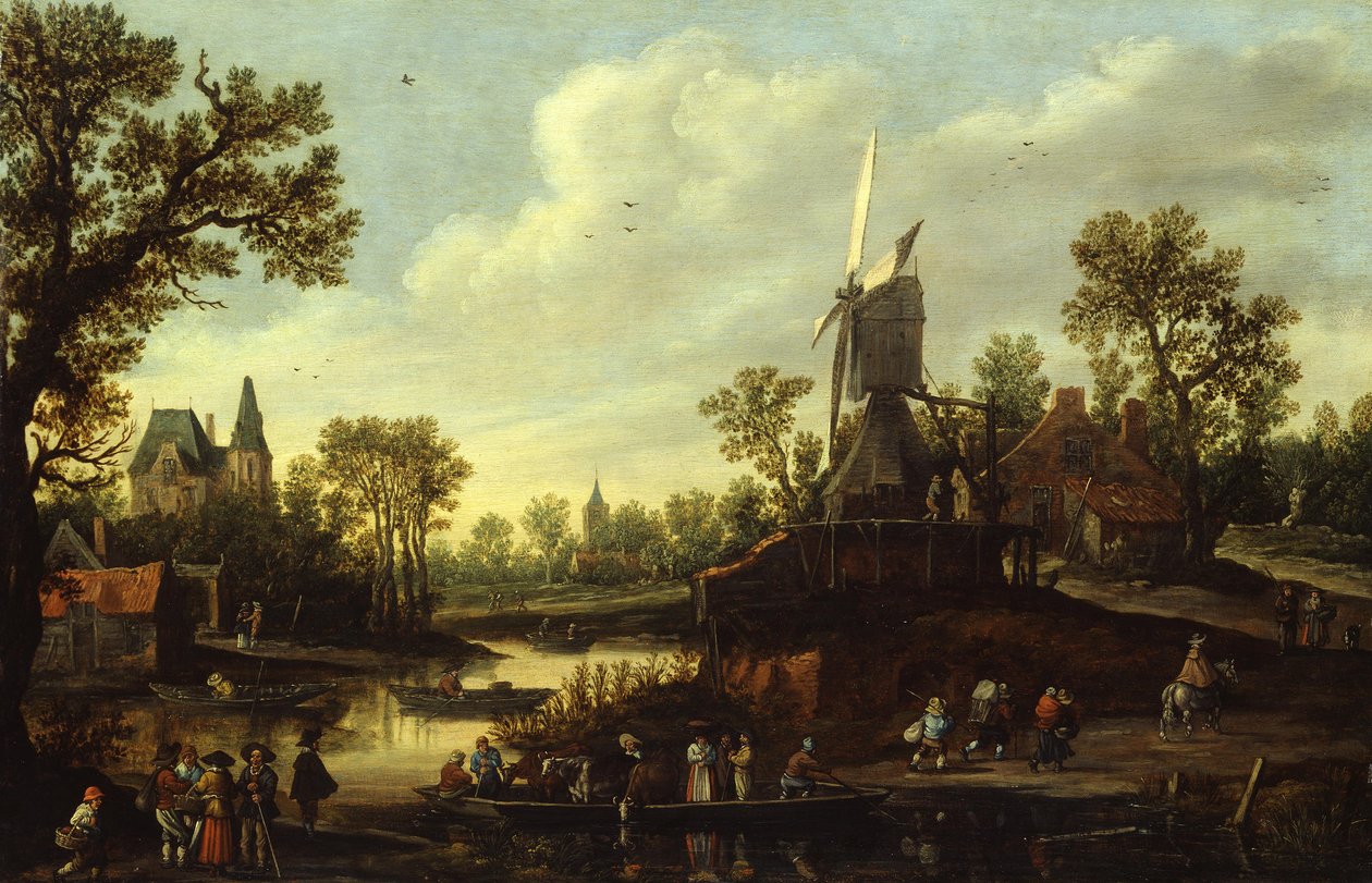 Německy: Flusslandschaft mit Fähre Říční krajina s přívozem od Jan van Goyen