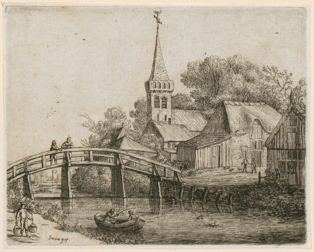 Dřevěný most, list 4 ze série „Různé krajiny“ od Jan van Goyen