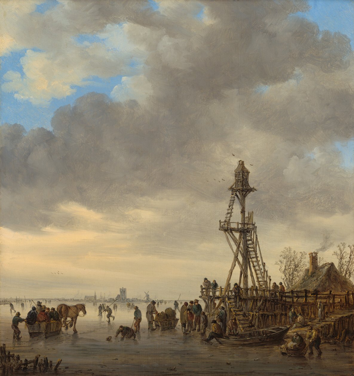 Ledová scéna poblíž dřevěné vyhlídkové věže od Jan van Goyen