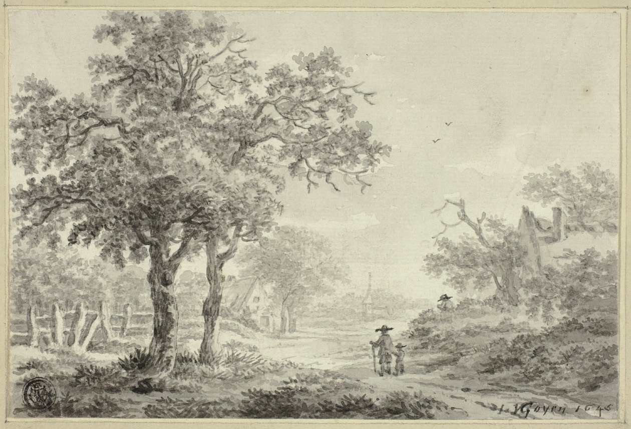 Muž a chlapec jdou po vesnické silnici od Jan van Goyen