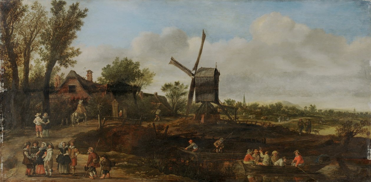 Říční krajina s větrným mlýnem a loděmi od Jan van Goyen
