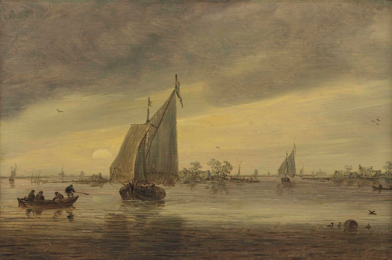 Východ slunce nad Haarlemmermeer se škodovkou a dalšími loděmi od Jan van Goyen