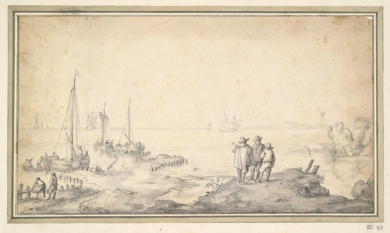 Tři postavy na duně s výhledem na záliv s loděmi od Jan van Goyen