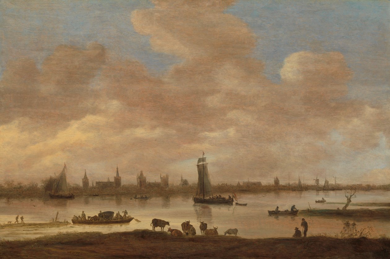 Pohled na imaginární město přes řeku s věží Saint Pol ve Vianen od Jan van Goyen