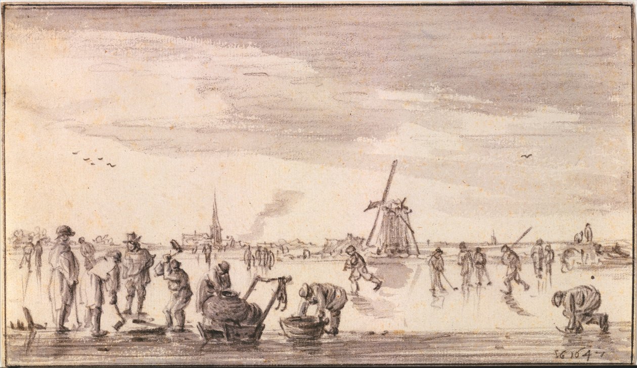 Zimní krajina s bruslaři a rybáři od Jan van Goyen