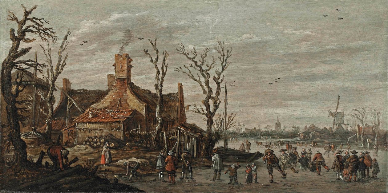 Zimní krajina s postavami na ledě u chaty od Jan van Goyen