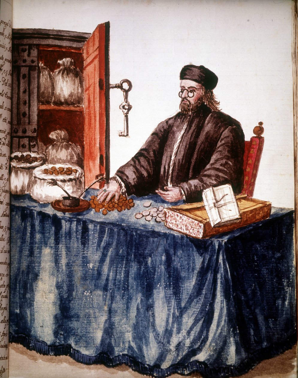 Bankéř v Benátkách. Kresba akvarelem a tuší z rukopisu „Custom of the Venitians““ od Jana van Grevenbroeka (nebo Giovanniho Grevenbroicha (Grevenbroich) (1731-1807) od Jan van Grevenbroeck