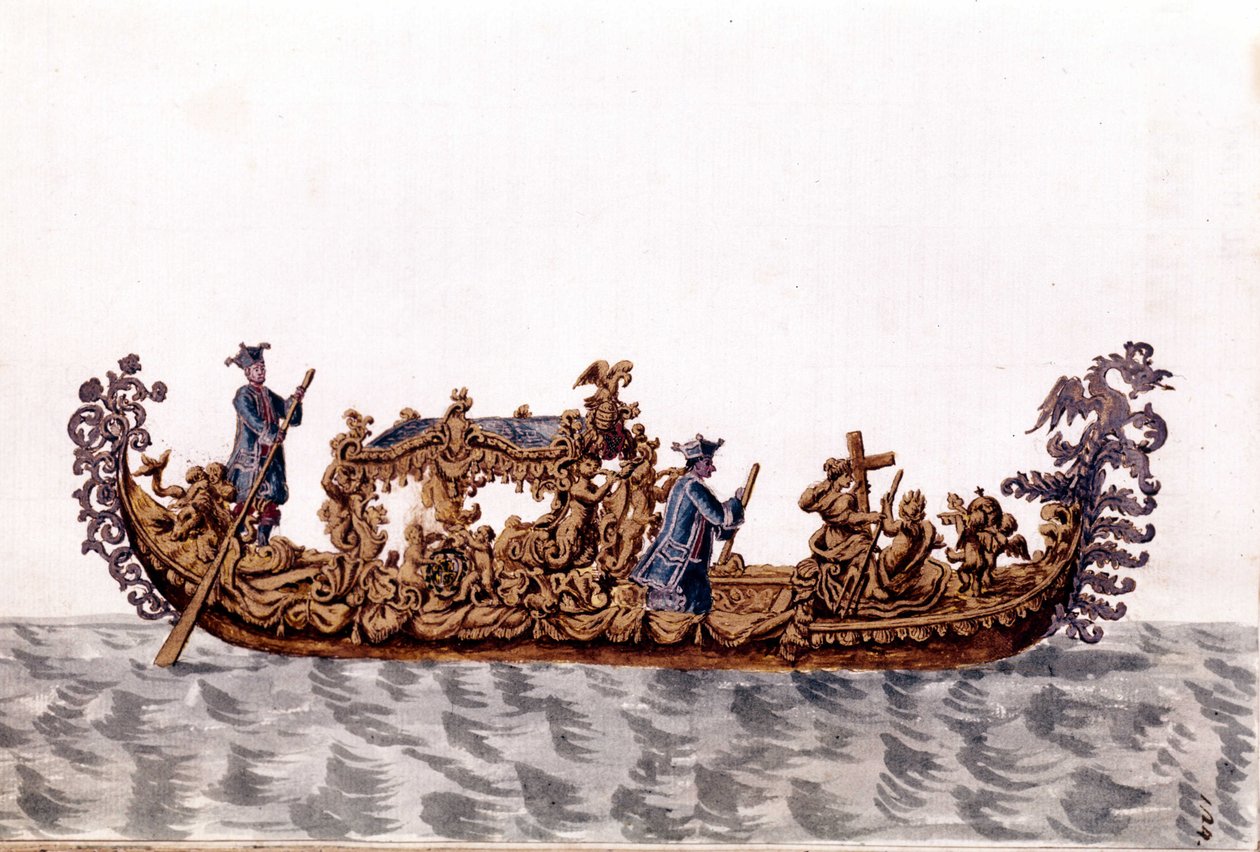 Královská gondola. Kresba akvarelem a tuší z rukopisu „Custom of the Venitians““ od Jana van Grevenbroeka (nebo Giovanniho Grevenbroicha (Grevenbroich) (1731-1807) od Jan van Grevenbroeck