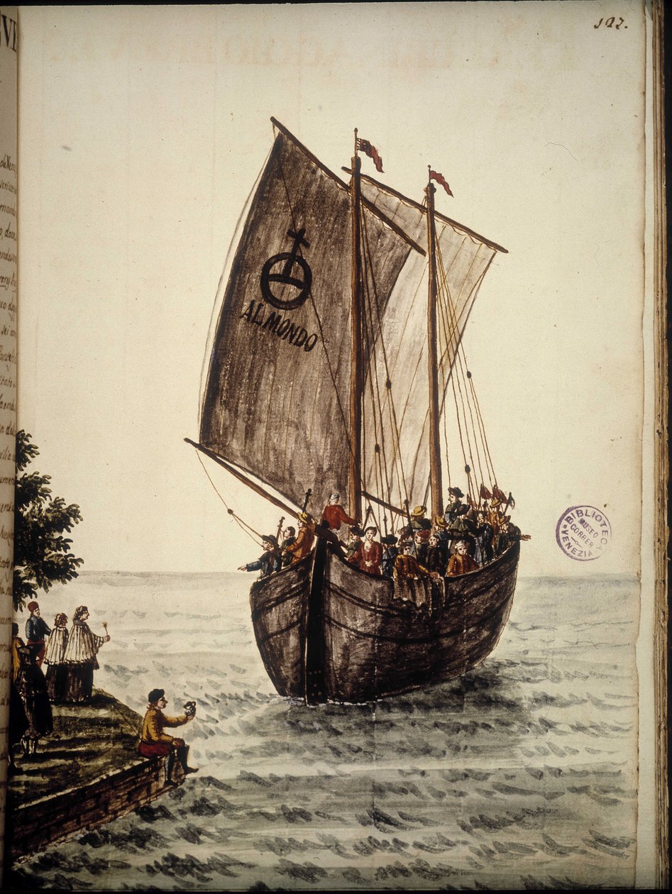 Loď poutníků. Kresba akvarelem a tuší z rukopisu „Custom of the Venitians““ od Jana van Grevenbroeka (nebo Giovanniho Grevenbroicha (Grevenbroich) (1731-1807) od Jan van Grevenbroeck