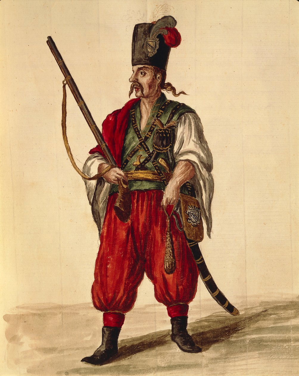 Karabina, od Jana van Grevenbroecka nebo Giovanniho Grevembrocha (1731-1807), Gli Donne de Veneziani, z ilustrované knihy kostýmů, akvarel od Jan van Grevenbroeck