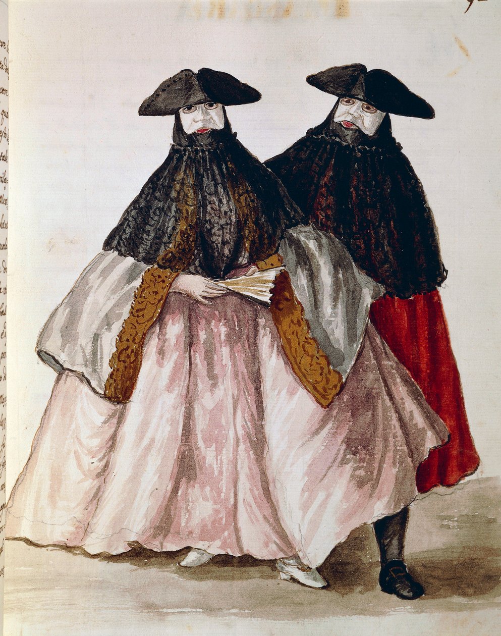 Karnevalové postavy v Benátkách, ilustrace z Ilustrované knihy benátských kostýmů, od Jana Grevenbroecka (1731-1807), akvarel, Itálie od Jan van Grevenbroeck