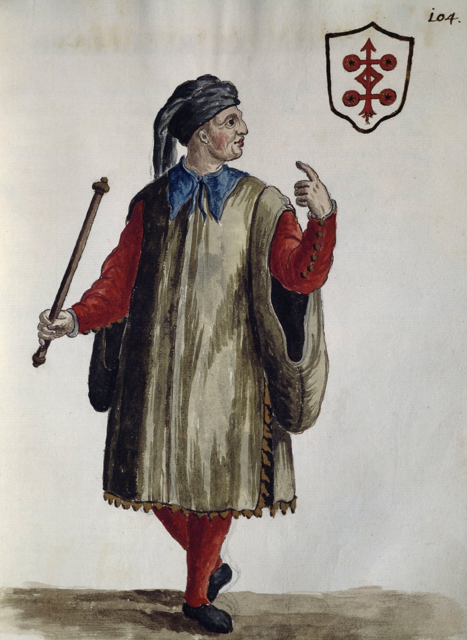 Šaty Carrarese, akvarel z benátského oděvu, téměř každého věku, pilně sbíraný a malovaný v 18. století od Jana van Grevenbroeka nebo Giovanniho Grevenbroicha (1731-1807), Itálie od Jan van Grevenbroeck