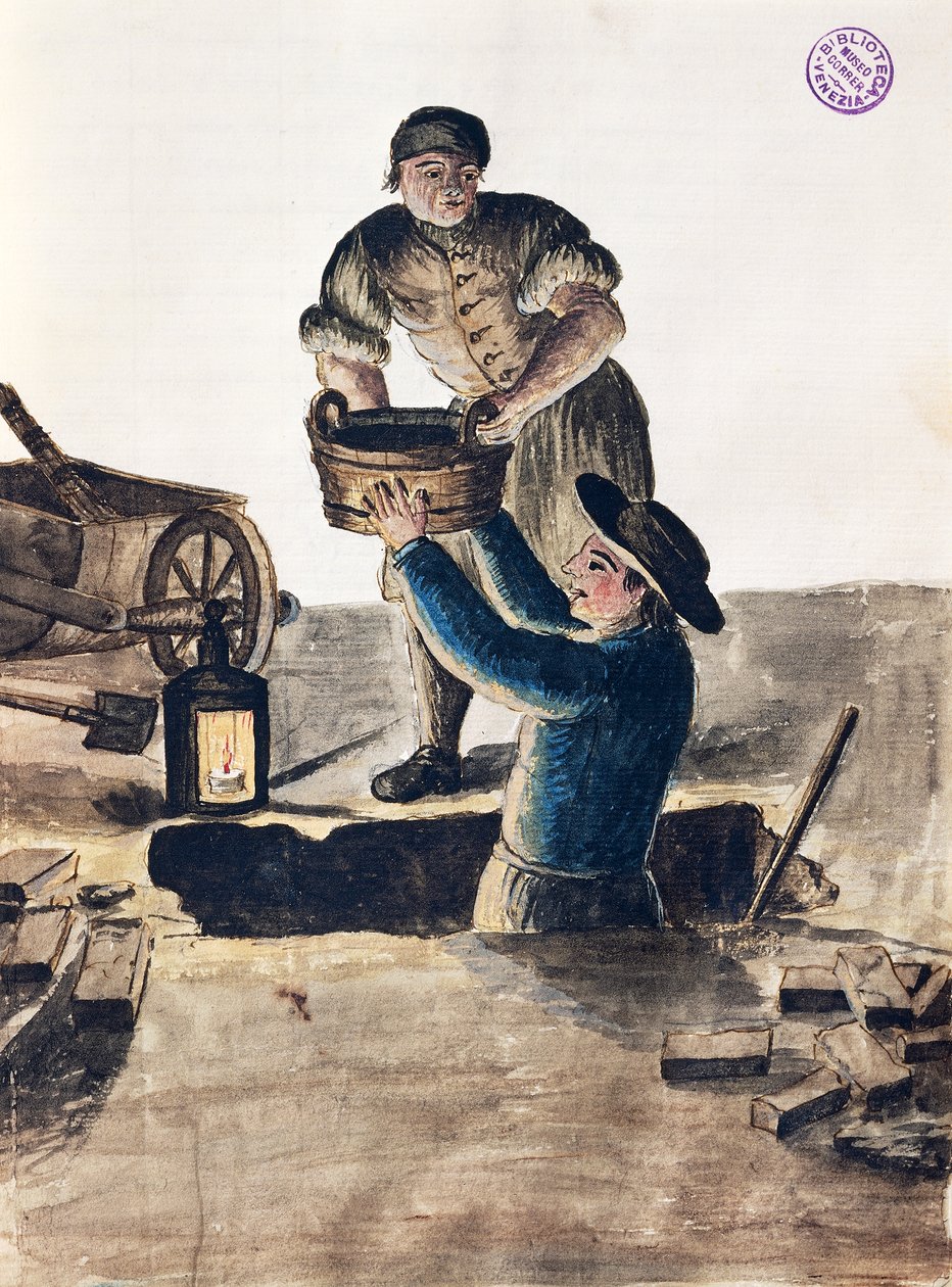 Čištění veřejné kanalizace, ilustrace z Ilustrované knihy benátských krojů, Jan Grevenbroeck (1731-1807), akvarel, Itálie od Jan van Grevenbroeck
