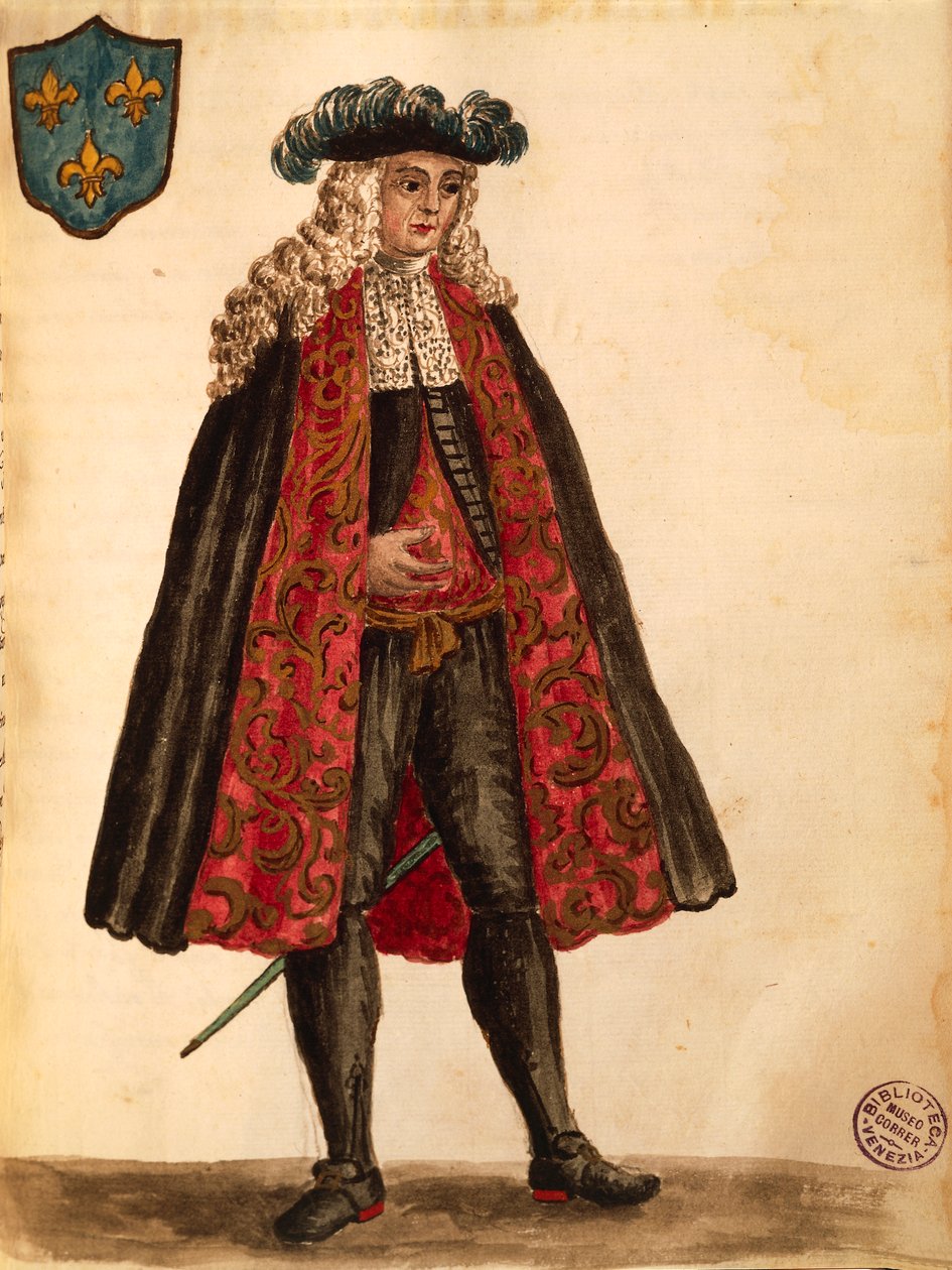 Francouzský velvyslanec, Jan van Grevenbroeck nebo Giovanni Grevembroch (1731-1807), Gli Abiti de Veneziani, z ilustrované knihy kostýmů, akvarel od Jan van Grevenbroeck