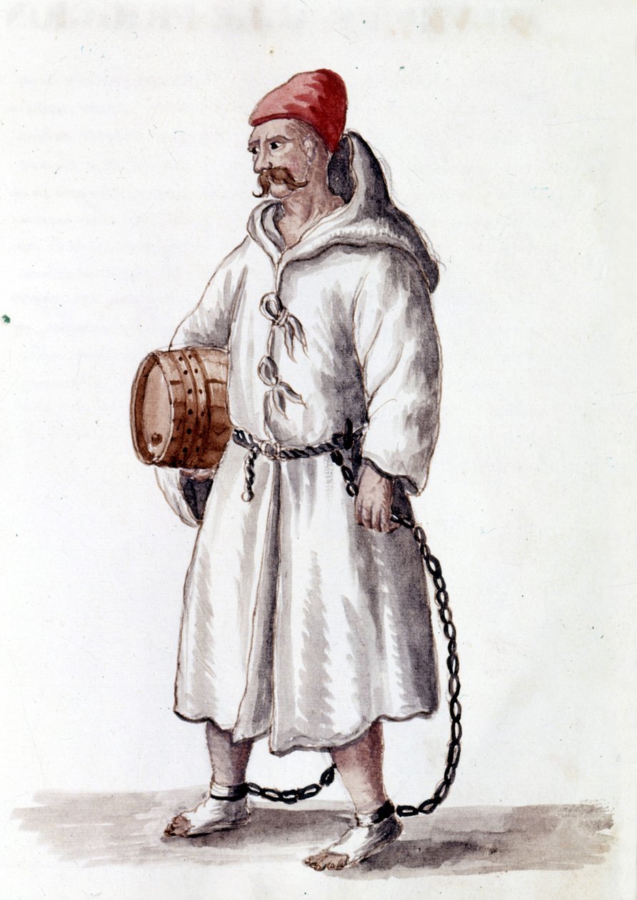 Galerian ze 17. -18. století. Kresba akvarelem a tuší z rukopisu „Custom of the Venitians““ od Jana van Grevenbroeka (nebo Giovanniho Grevenbroicha (Grevenbroich) (1731-1807) od Jan van Grevenbroeck