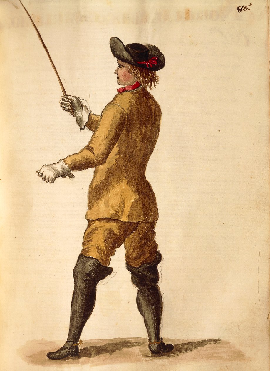 Gentleman v jezdeckém kostýmu, Jan van Grevenbroeck nebo Giovanni Grevembroch (1731-1807), Gli Donne de Veneziani, z ilustrované knihy kostýmů, akvarel od Jan van Grevenbroeck